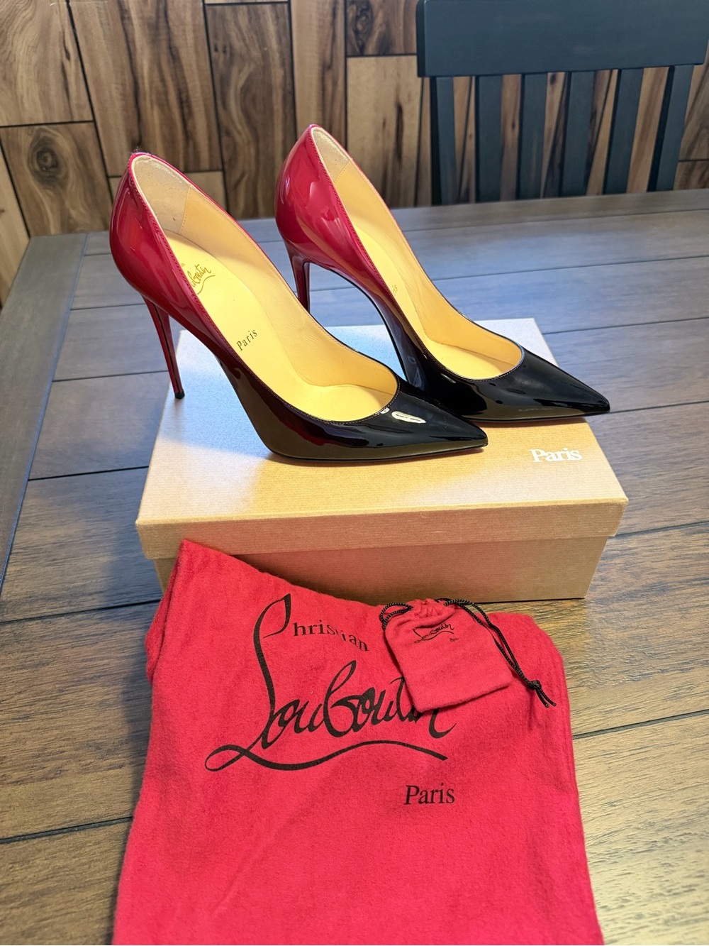 Christian Louboutin Red and Black Patent Pointed Toe Stiletto Pumps